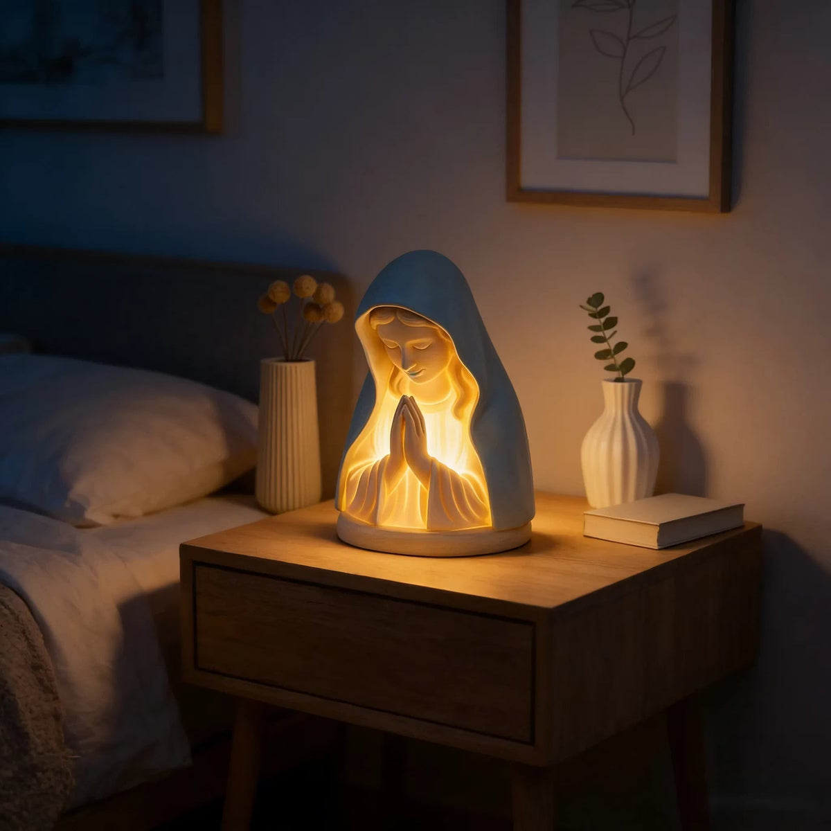✝️ Kézzel készített gyantából készült éjjeli lámpa, amely Szűz Máriát ábrázol – a béke és a védelem gyengéd ragyogása