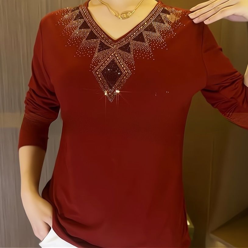 🔥[M-4XL] 2024 Kiváló minőségű téli hosszú ujjú bársony póló kristályokkal