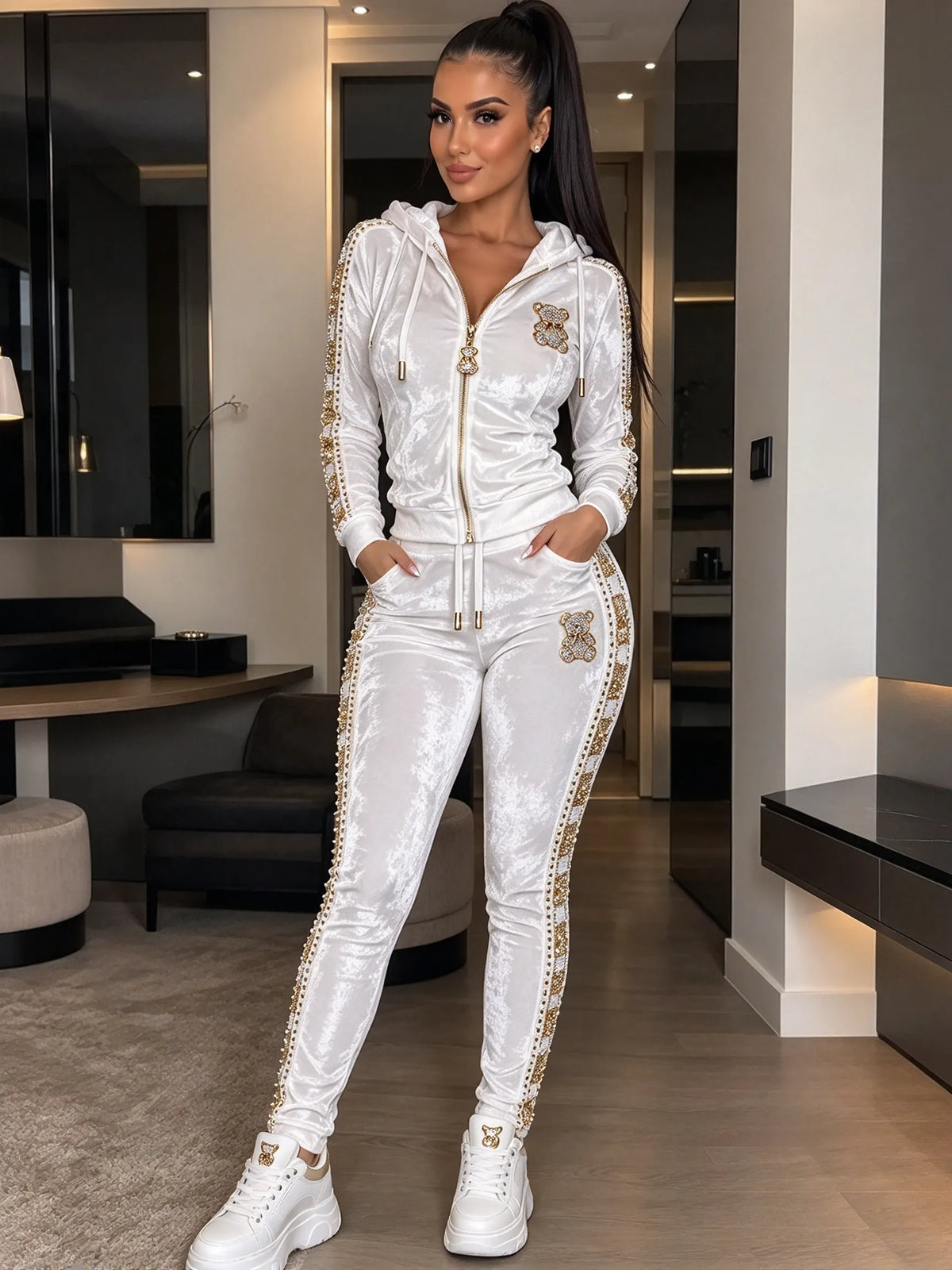 Women's Fashion Rhinestone Teddy Bear Two-Piece Set