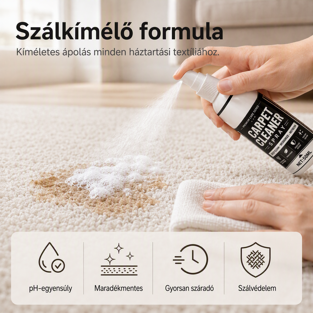 ⚡ Ipari hatékonyság, azonnali eredmény🧹 Szőnyegmélytisztító spray – mikrobuborék-technológia + anyagbarát | Szőnyegekhez, kanapékhoz és autó belső teréhez alkalmas, semlegesíti a kellemetlen szagokat ✨