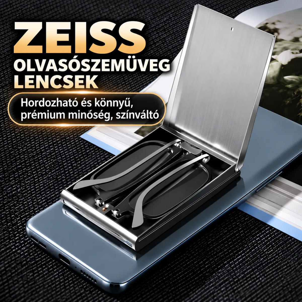 Hordozható, kékfény-szűrős olvasószemüveg, amely a telefonra rögzíthető