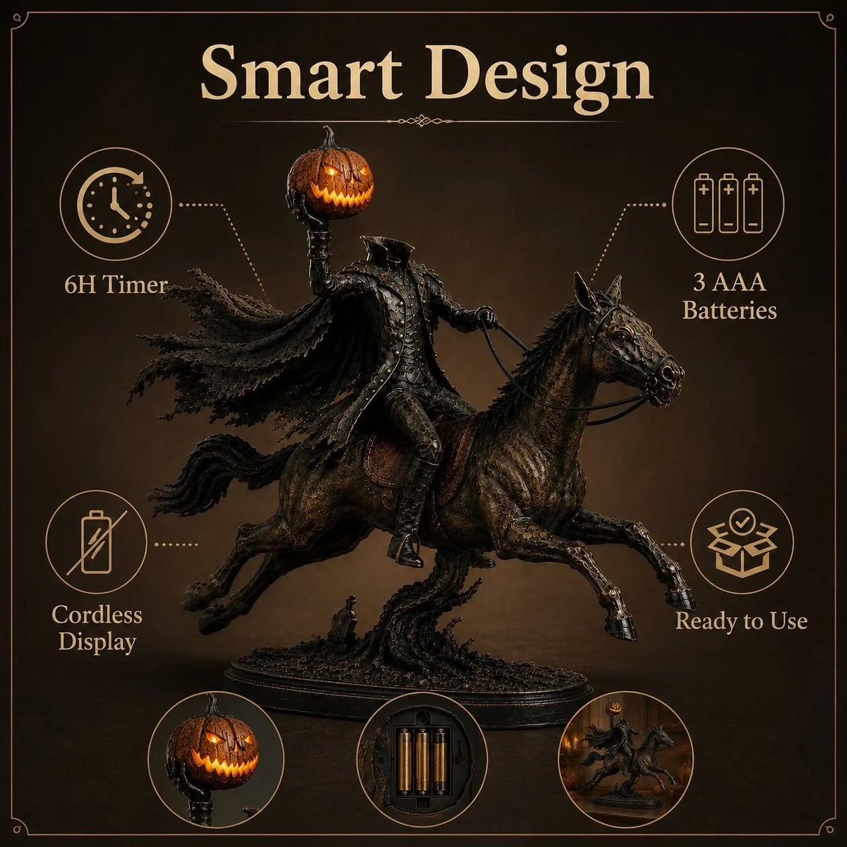 Éjféli Üldözés Fej Nélküli Lovas LED Figura – Halloween Dekoráció