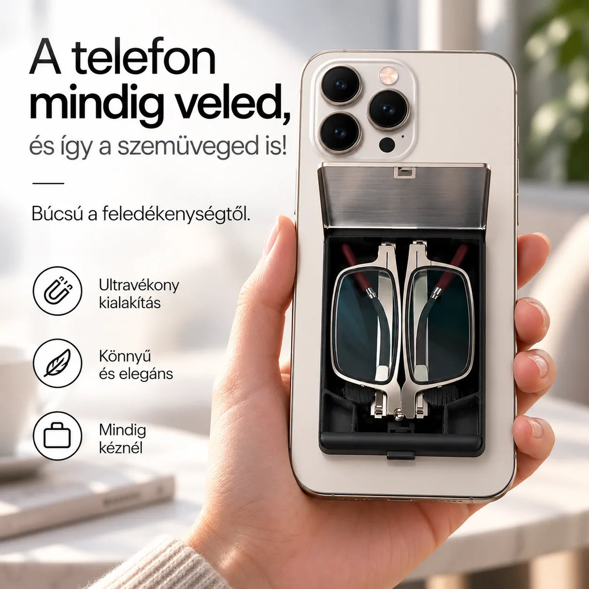 Hordozható, kékfény-szűrős olvasószemüveg, amely a telefonra rögzíthető