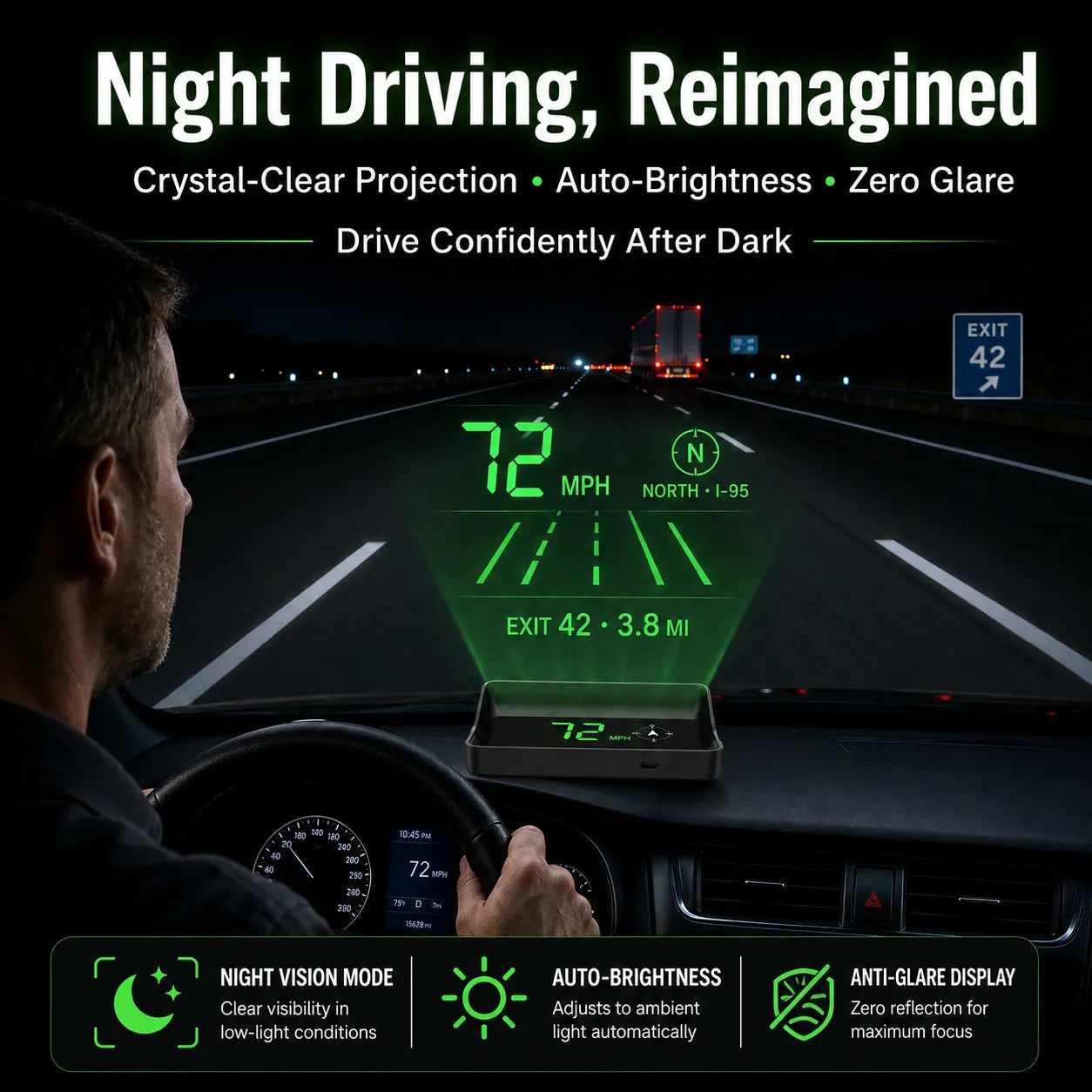 Digitális autósebességmérő head-up kijelzővel (HUD) és GPS navigációval