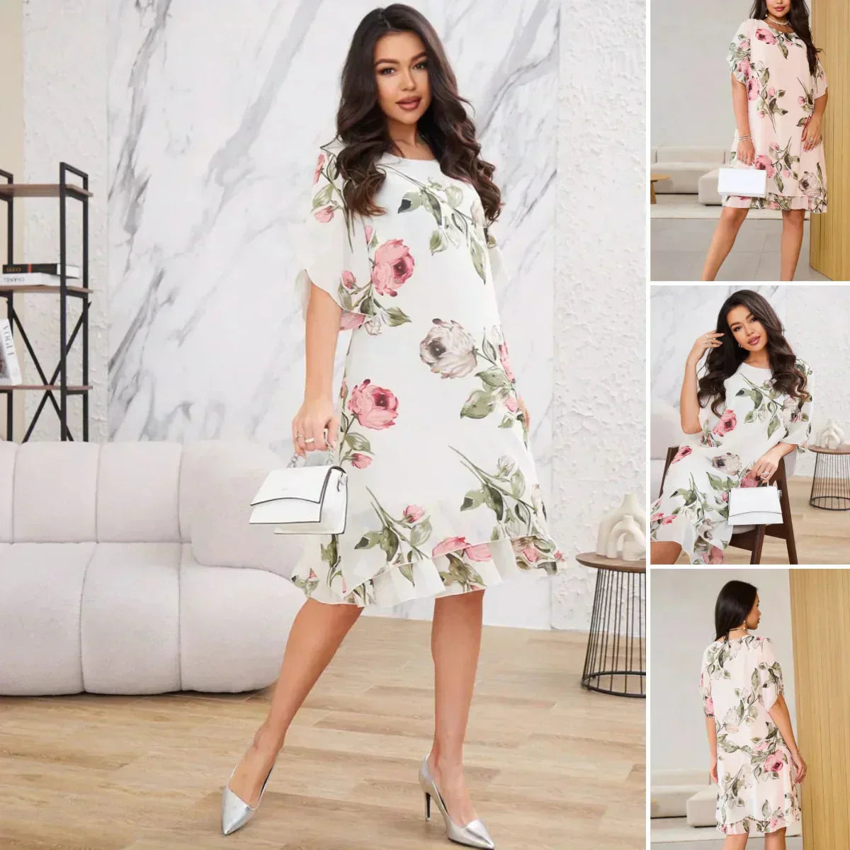 FORRÓ 50% 👗 Pirosas, Sziromszirmos, Világos Sifon Ruha
