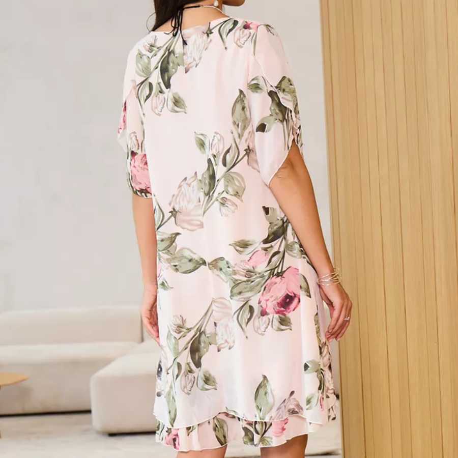 FORRÓ 50% 👗 Pirosas, Sziromszirmos, Világos Sifon Ruha