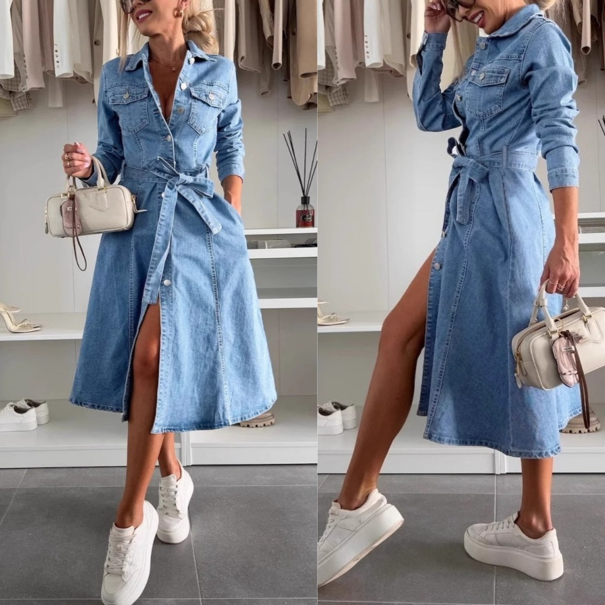 ✨Női farmerruha hosszú ujjal és gombokkal👗