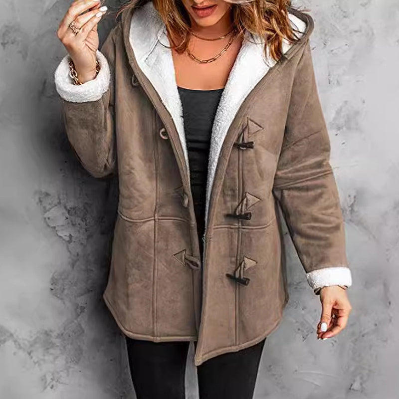 ❄️ Nők Kapucnis Suede Kabát Plüss Béleléssel 🧥💕