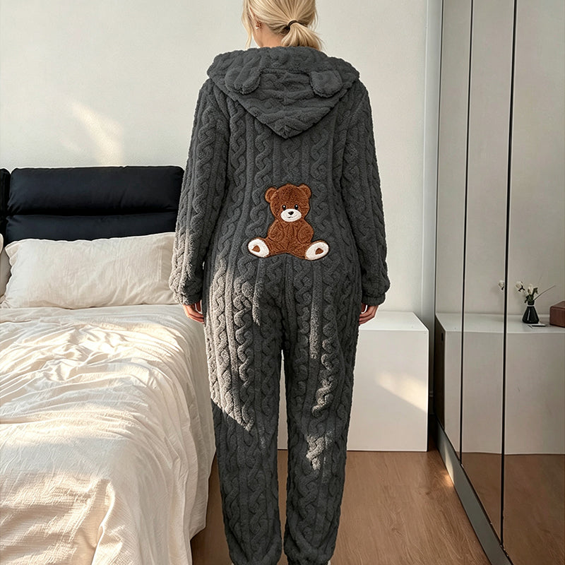 💖💖🐻 Játékos kényelem | Női kapucnis, csavart kötésű otthoni szett medvemintás hímzéssel